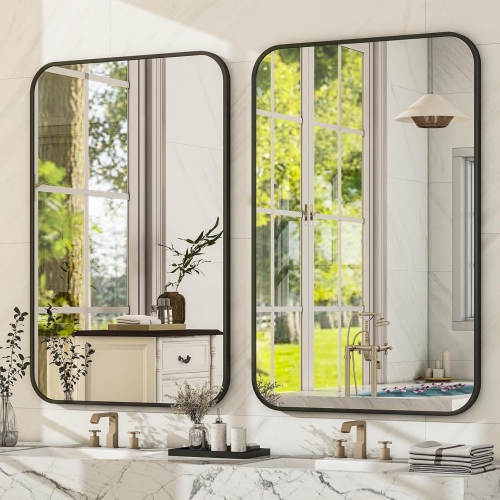 NIERBO 26" x 38" Black Rectangular Bathroom Mirror – Rounded Corner Wall Mirror Aluminum Frame Modern Decorative Mirror for Entryway Bedroom and