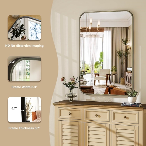 NIERBO 26" x 38" Black Rectangular Bathroom Mirror – Rounded Corner Wall Mirror Aluminum Frame Modern Decorative Mirror for Entryway Bedroom and