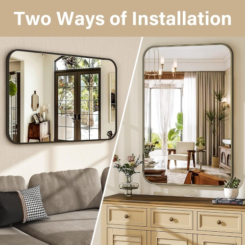 NIERBO 26" x 38" Black Rectangular Bathroom Mirror – Rounded Corner Wall Mirror Aluminum Frame Modern Decorative Mirror for Entryway Bedroom and