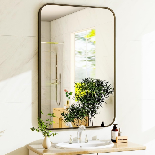 NIERBO 26" x 38" Black Rectangular Bathroom Mirror – Rounded Corner Wall Mirror Aluminum Frame Modern Decorative Mirror for Entryway Bedroom and
