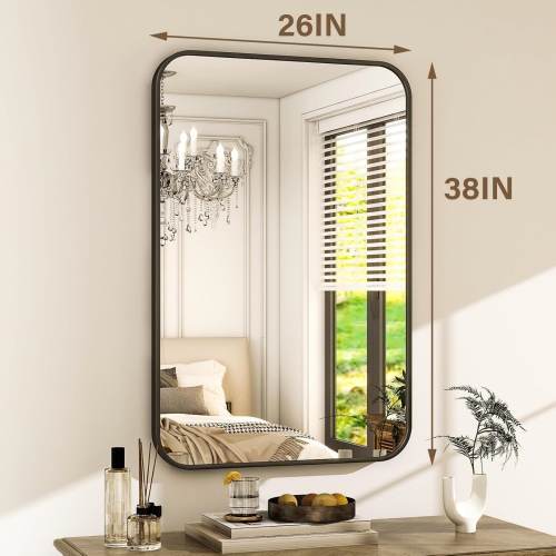 NIERBO 26" x 38" Black Rectangular Bathroom Mirror – Rounded Corner Wall Mirror Aluminum Frame Modern Decorative Mirror for Entryway Bedroom and