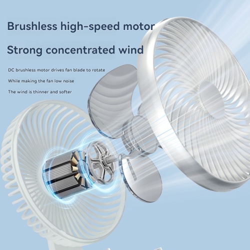 Silver 4-speed adjustable USB desk fan - ultra-quiet brushless motor, 3600 mAh battery, swings left and right, portable cooling device for office/home