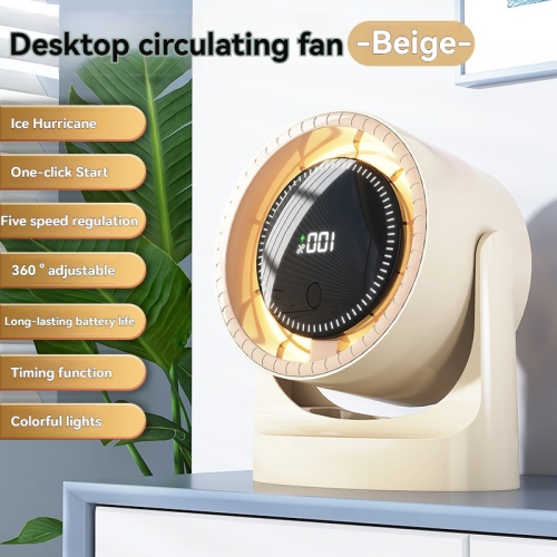 white Ice Hurricane Desktop Circulation Fan | Five-speed Adjustment + 360° Rotation | Long-lasting Battery Life + Timing | Colorful Ambient Lights |