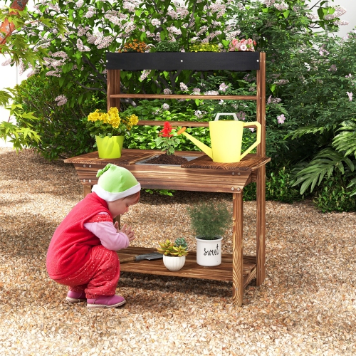 Gymax Kids Potting Bench Wooden Toy Gardening Center w/ Removable Sink & Chalkboard