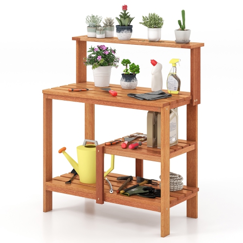 Gymax Outdoor Potting Bench Table w/Open Shelves Teak Oil Finish Gardening Workstation
