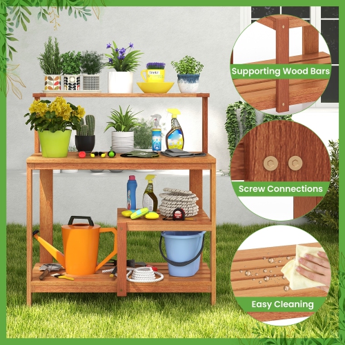Gymax Outdoor Potting Bench Table w/Open Shelves Teak Oil Finish Gardening Workstation