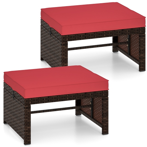 Gymax Set of 2 Patio PE Rattan Ottomans w/ Soft Zippered Cushions for Deck Outdoor