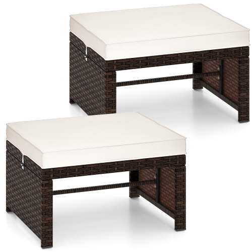 Gymax Set of 2 Patio PE Rattan Ottomans w/ Soft Zippered Cushions for Deck Outdoor