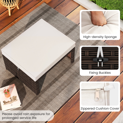Gymax Set of 2 Patio PE Rattan Ottomans w/ Soft Zippered Cushions for Deck Outdoor