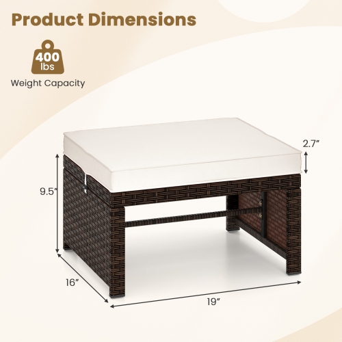 Gymax Set of 2 Patio PE Rattan Ottomans w/ Soft Zippered Cushions for Deck Outdoor