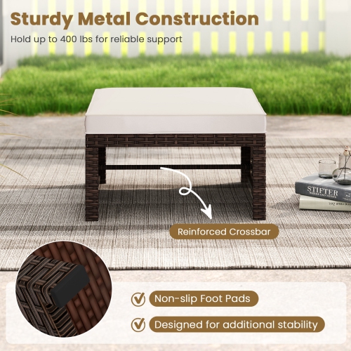 Gymax Set of 2 Patio PE Rattan Ottomans w/ Soft Zippered Cushions for Deck Outdoor