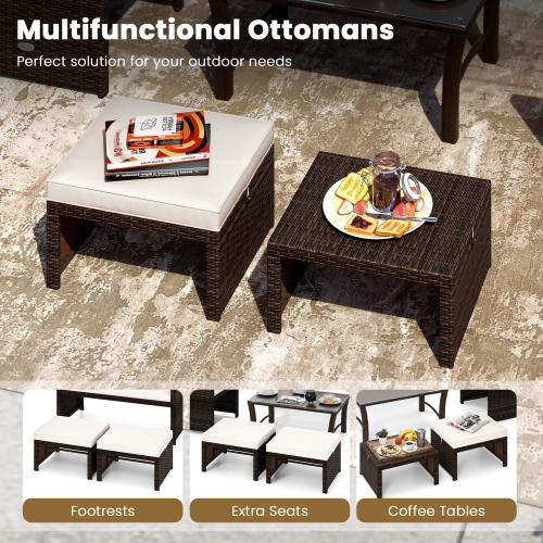 Gymax Set of 2 Patio PE Rattan Ottomans w/ Soft Zippered Cushions for Deck Outdoor