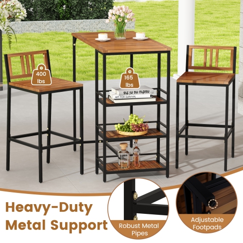 Gymax 3 Pieces Outdoor Wood Bar Set w/ 3-Tier Storage Shelf & Metal Frame for Backyard