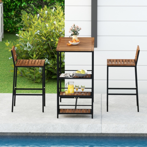 Gymax 3 Pieces Outdoor Wood Bar Set w/ 3-Tier Storage Shelf & Metal Frame for Backyard