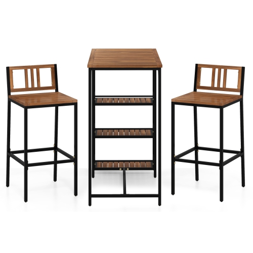Gymax 3 Pieces Outdoor Wood Bar Set w/ 3-Tier Storage Shelf & Metal Frame for Backyard