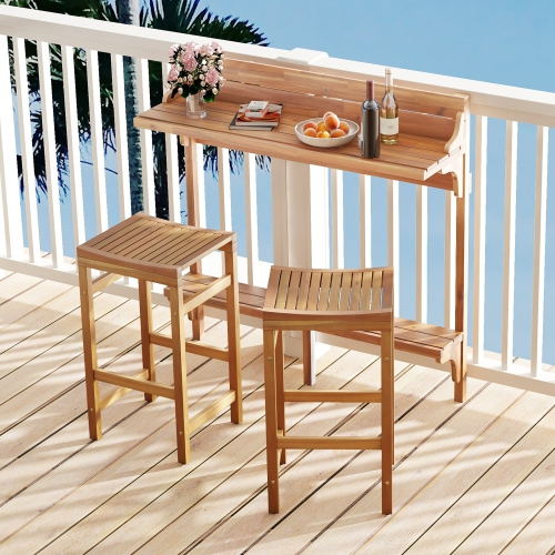 Gymax 3 PCS Acacia Wood Balcony Table Set w/ Shelf Footrest Curved Wood Seat