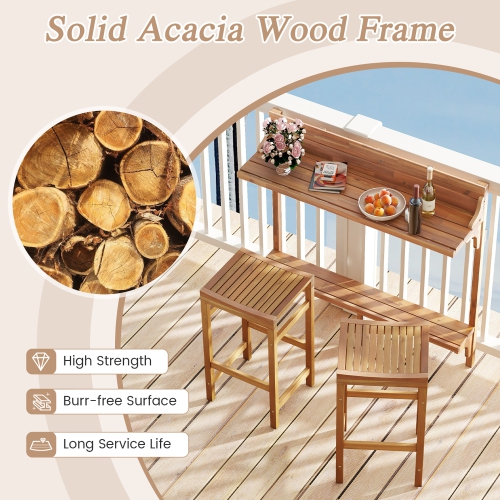 Gymax 3 PCS Acacia Wood Balcony Table Set w/ Shelf Footrest Curved Wood Seat