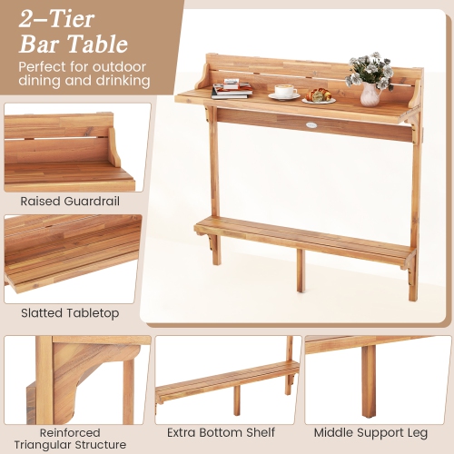 Gymax 3 PCS Acacia Wood Balcony Table Set w/ Shelf Footrest Curved Wood Seat