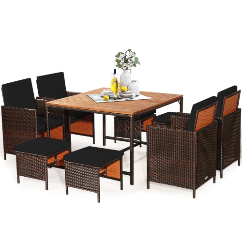 GYMAX  Set Of 9 Patio Rattan Dining Set Cushioned Chairs Ottoman Wood Table Top In Black