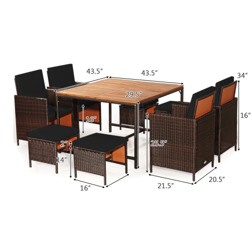 Gymax Set Of 9 Patio Rattan Dining Set Cushioned Chairs Ottoman Wood Table Top Black