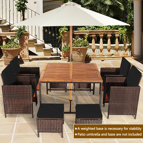 Gymax Set Of 9 Patio Rattan Dining Set Cushioned Chairs Ottoman Wood Table Top Black