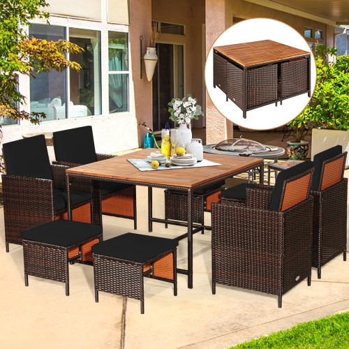 Gymax Set Of 9 Patio Rattan Dining Set Cushioned Chairs Ottoman Wood Table Top Black
