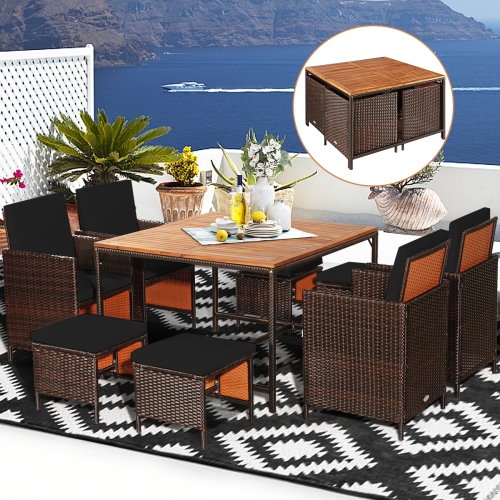 Gymax Set Of 9 Patio Rattan Dining Set Cushioned Chairs Ottoman Wood Table Top Black