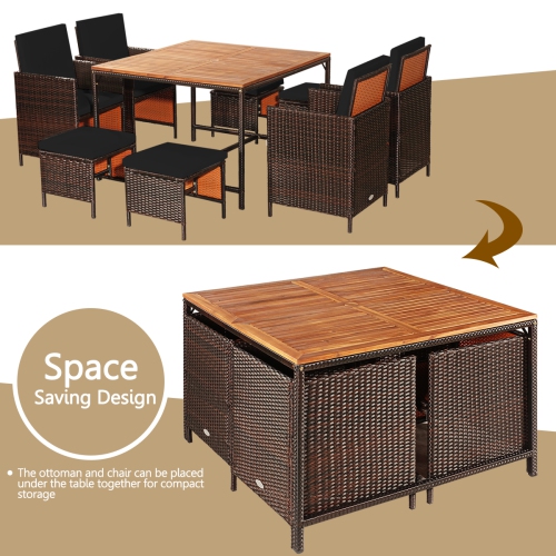 Gymax Set Of 9 Patio Rattan Dining Set Cushioned Chairs Ottoman Wood Table Top Black