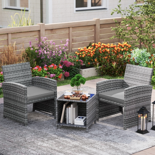 Gymax 3 Pieces Patio Furniture Set PE Rattan Chairs Set w/ Storage Coffee Table