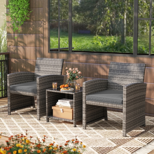 Gymax 3 Pieces Patio Furniture Set PE Rattan Chairs Set w/ Storage Coffee Table