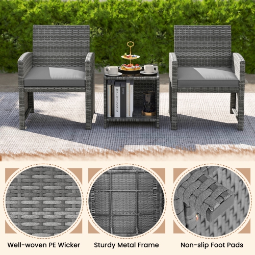 Gymax 3 Pieces Patio Furniture Set PE Rattan Chairs Set w/ Storage Coffee Table