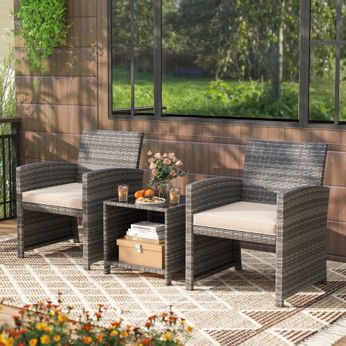 Gymax 3 Pieces Patio Furniture Set PE Rattan Chairs Set w/ Storage Coffee Table