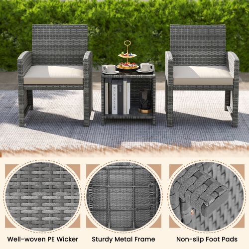 Gymax 3 Pieces Patio Furniture Set PE Rattan Chairs Set w/ Storage Coffee Table
