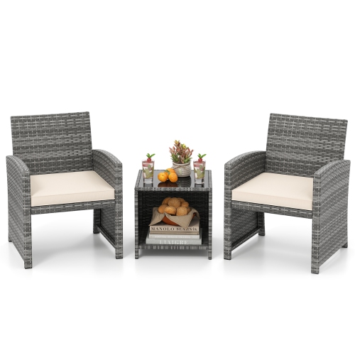 Gymax 3 Pieces Patio Furniture Set PE Rattan Chairs Set w/ Storage Coffee Table