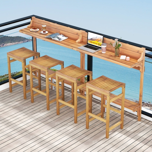 Gymax 6 PCS Acacia Wood Balcony Table Set w/ Shelf Footrest Curved Wood Seat
