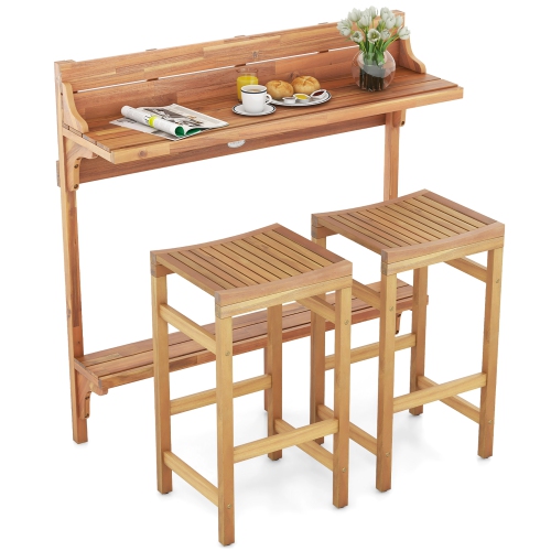 Gymax 6 PCS Acacia Wood Balcony Table Set w/ Shelf Footrest Curved Wood Seat