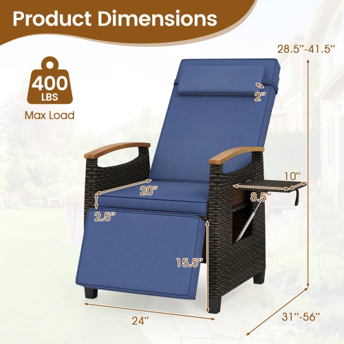 Gymax 2PCS Patio Rattan Lounge Chair PE Wicker Recliner Chair w/ Adjustable Backrest & Footrest