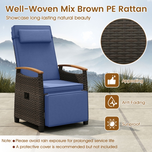 Gymax 2PCS Patio Rattan Lounge Chair PE Wicker Recliner Chair w/ Adjustable Backrest & Footrest