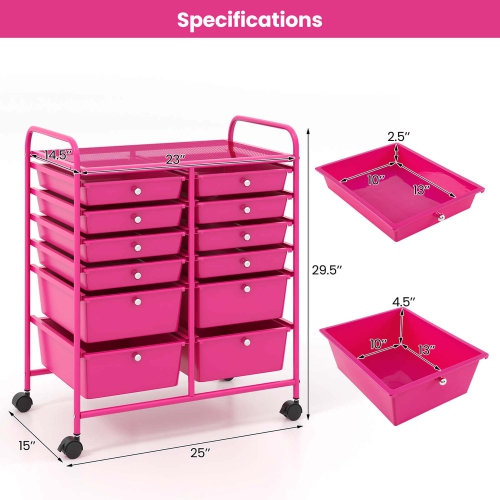 Gymax 12-Drawer Rolling Storage Cart w/ 2 Sizes Plastic Drawers Hot Pink