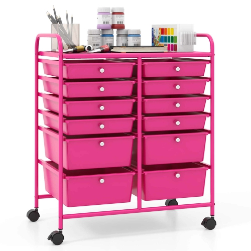 Gymax 12-Drawer Rolling Storage Cart w/ 2 Sizes Plastic Drawers Hot Pink