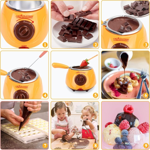 Set de fondue de chocolat 2 en 1 con olla extraíble, molde y accesorios de bricolaje, perfecto para fiestas infantiles y noches de postres.