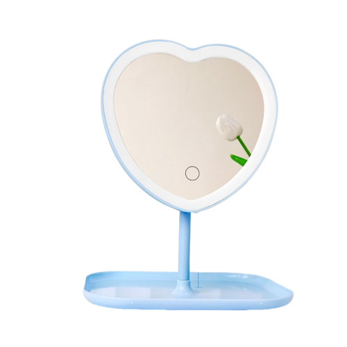 GREEN SCENIC  Heart-Shaped Mirror Light Led Table Lamp Mirror Small Size Beautiful Decoration USB Rechargeable Makeup - In Blue