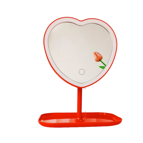 GREEN SCENIC  Heart-Shaped Mirror Light Led Table Lamp Mirror Small Size Beautiful Decoration USB Rechargeable Makeup - In Red