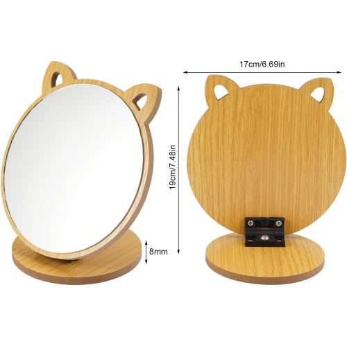 Makeup mirror with wooden base, small mirror creative cat ear shape, adjustable angle folding mirror suitable for dressing table, desk, bathroom,