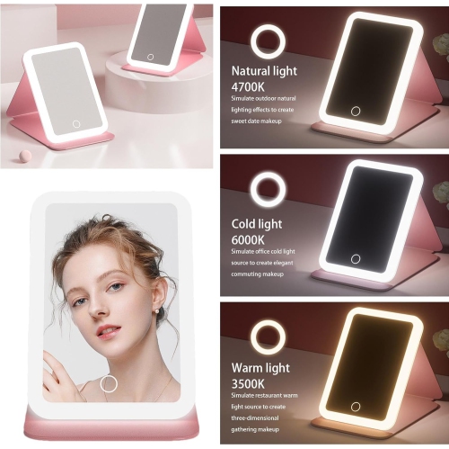 Miroir de maquillage de voyage, miroir LED de voyage, 3 modes d'éclairage de couleur, miroir de maquillage de voyage avec lumière, batterie