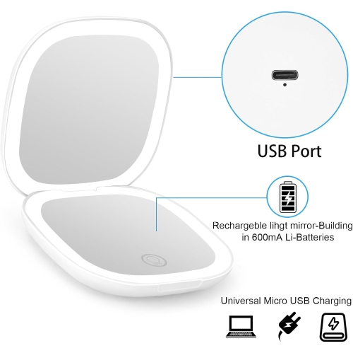 LED makeup mirror with light charging 5 times magnifying mirror portable folding small mirror white