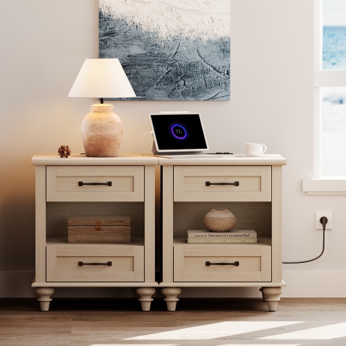 WAMPAT Set of 2 Night Stands with 2 Drawers, 2 Pack Bedside Tables with Charging Station, Farmhouse End Table with Solid Wood Legs, Wooden Side Table