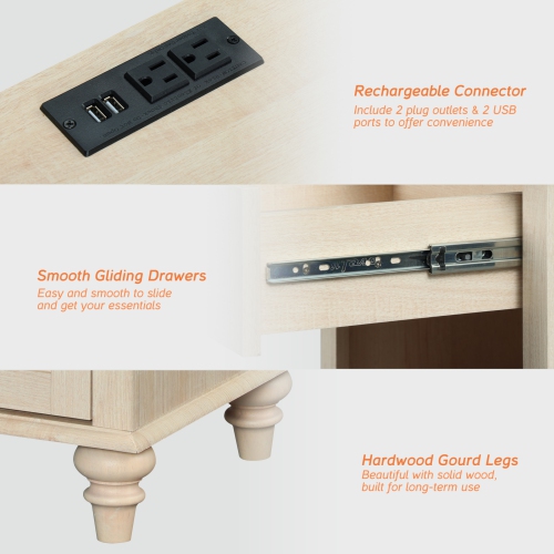 WAMPAT Set of 2 Night Stands with 2 Drawers, 2 Pack Bedside Tables with Charging Station, Farmhouse End Table with Solid Wood Legs, Wooden Side Table