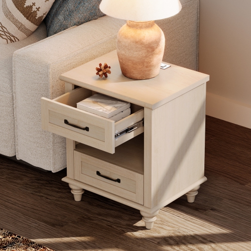 WAMPAT Set of 2 Night Stands with 2 Drawers, 2 Pack Bedside Tables with Charging Station, Farmhouse End Table with Solid Wood Legs, Wooden Side Table