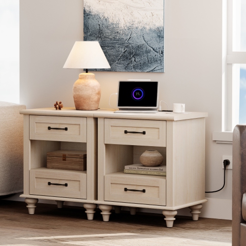 WAMPAT Set of 2 Night Stands with 2 Drawers, 2 Pack Bedside Tables with Charging Station, Farmhouse End Table with Solid Wood Legs, Wooden Side Table